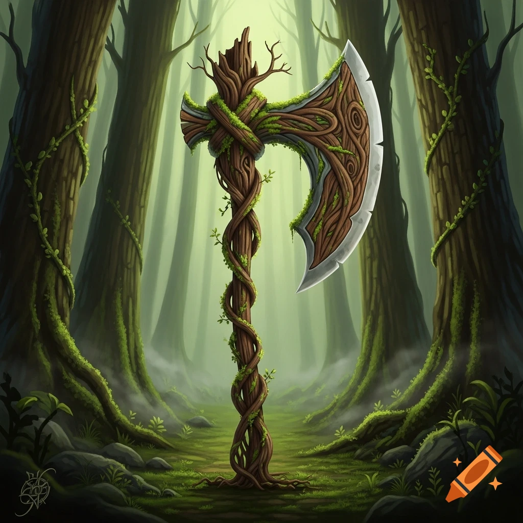 A fantasy axe with a wooden handle made of twisted roots and a metallic blade, standing in a misty, mossy forest.