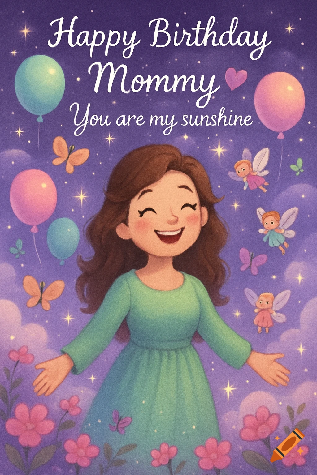 A cheerful cartoon birthday card for 'Mommy', featuring a smiling mother surrounded by balloons, fairies, butterflies, stars, and flowers in a magical purple sky.