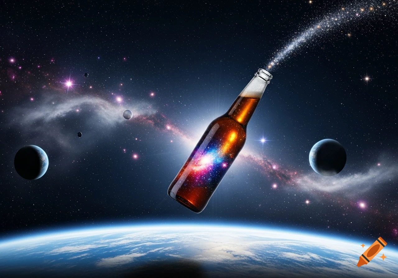 A beer bottle floats in space above Earth, filled with a colorful galaxy, and emitting a stream of sparkling stars from its opening.