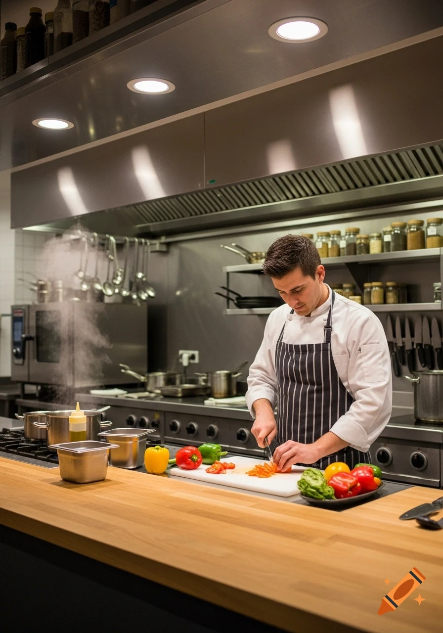 A male chef in a white uniform and striped apron chops colorful vegetables on a cutting board in a busy professional kitchen. Steam rises from a pot.