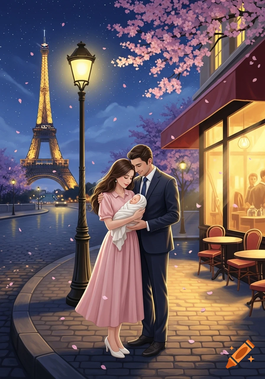 An illustrated couple holding a baby on a Parisian street at night, with the Eiffel Tower and cherry blossoms.