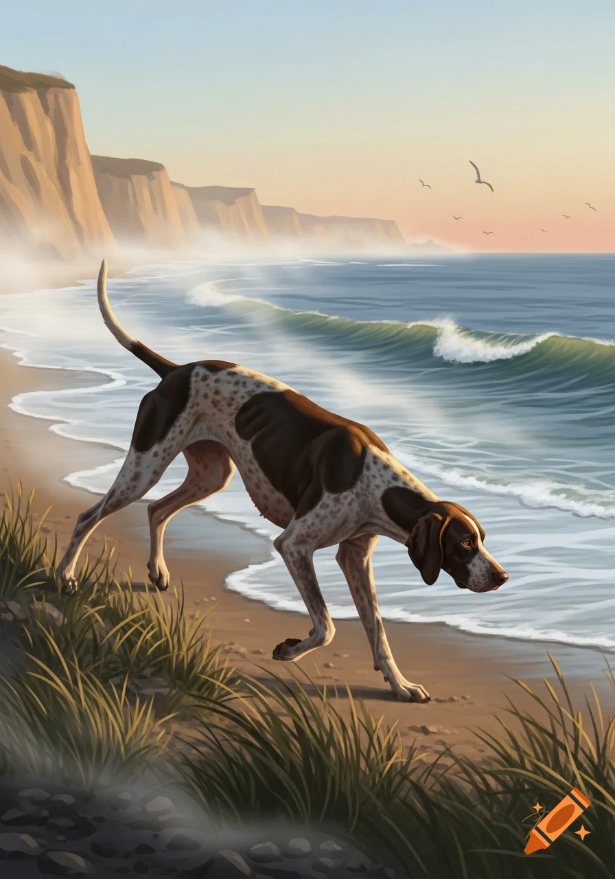 Illustration of a brown and white spotted dog pointing on a sandy beach with ocean waves and cliffs at sunset.