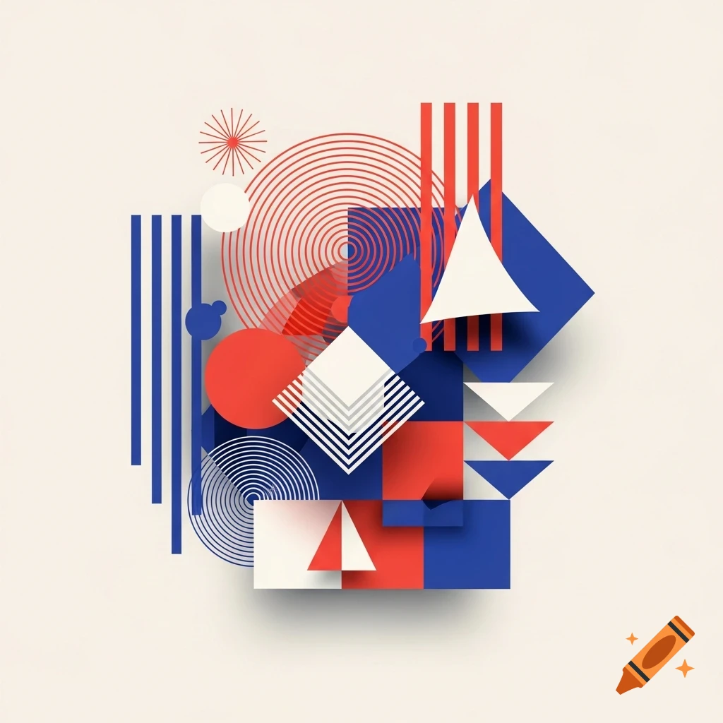 Abstract geometric composition with red, blue, and white lines, circles, squares, and triangles.