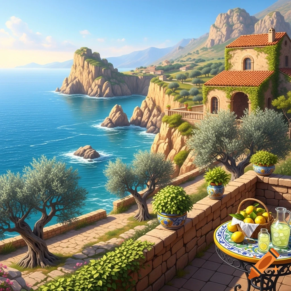 Vibrant digital art of a scenic Mediterranean coastline with a house on cliffs, olive trees, and a patio with lemons and lemonade.