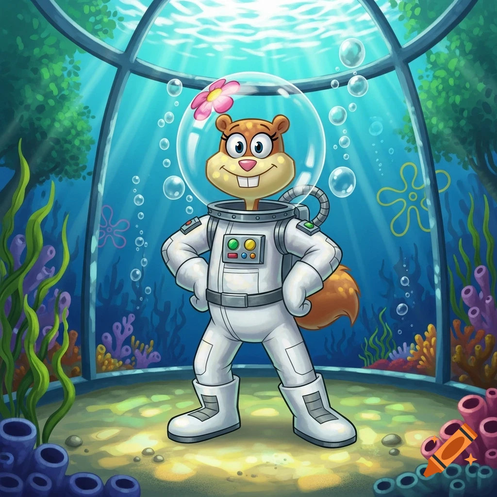 Sandy Cheeks in her white astronaut suit stands in her underwater treedome.