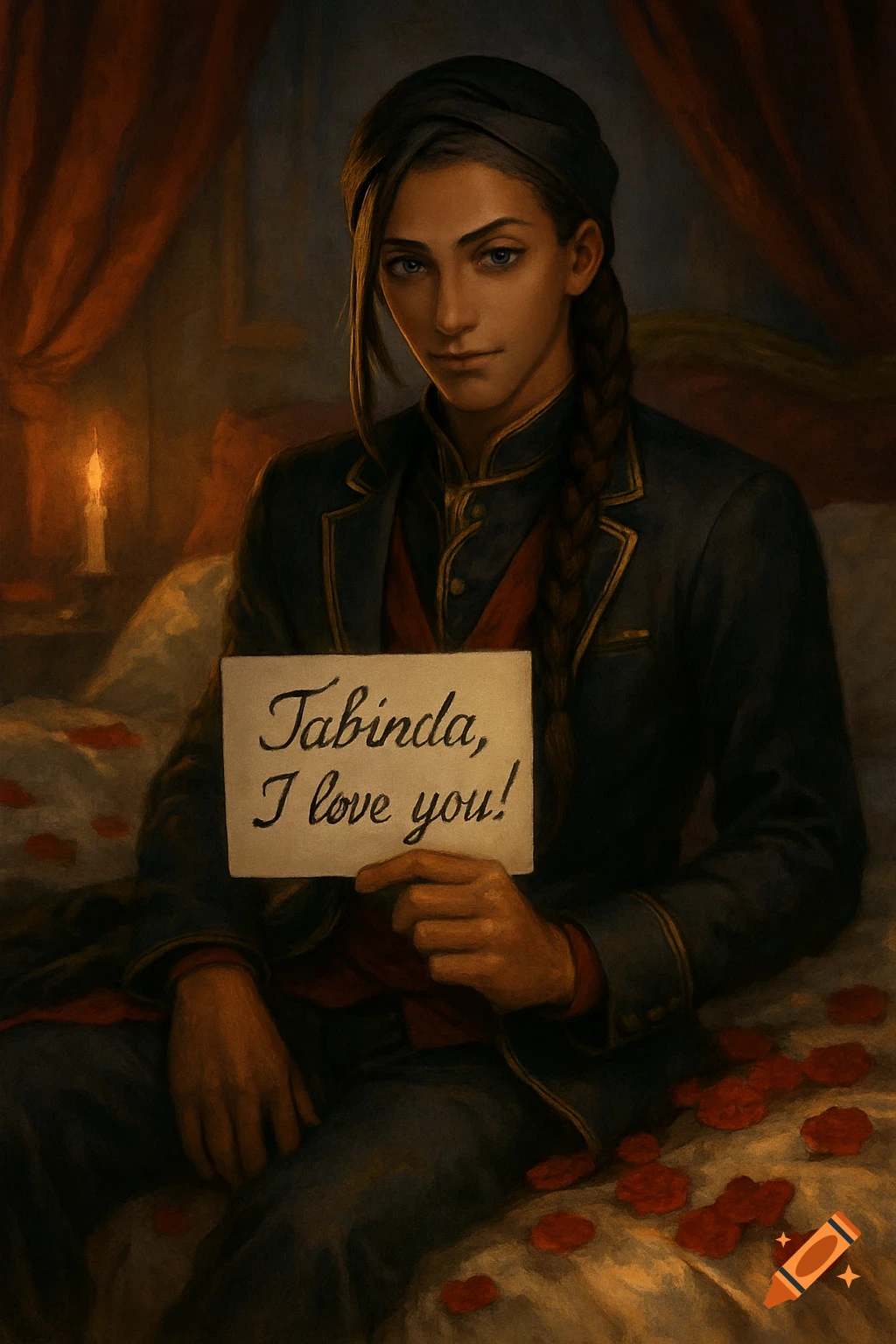 Young man in a dark turban and jacket on a bed with rose petals, holding a sign 'Tabinda, I love you!' in a candlelit room.