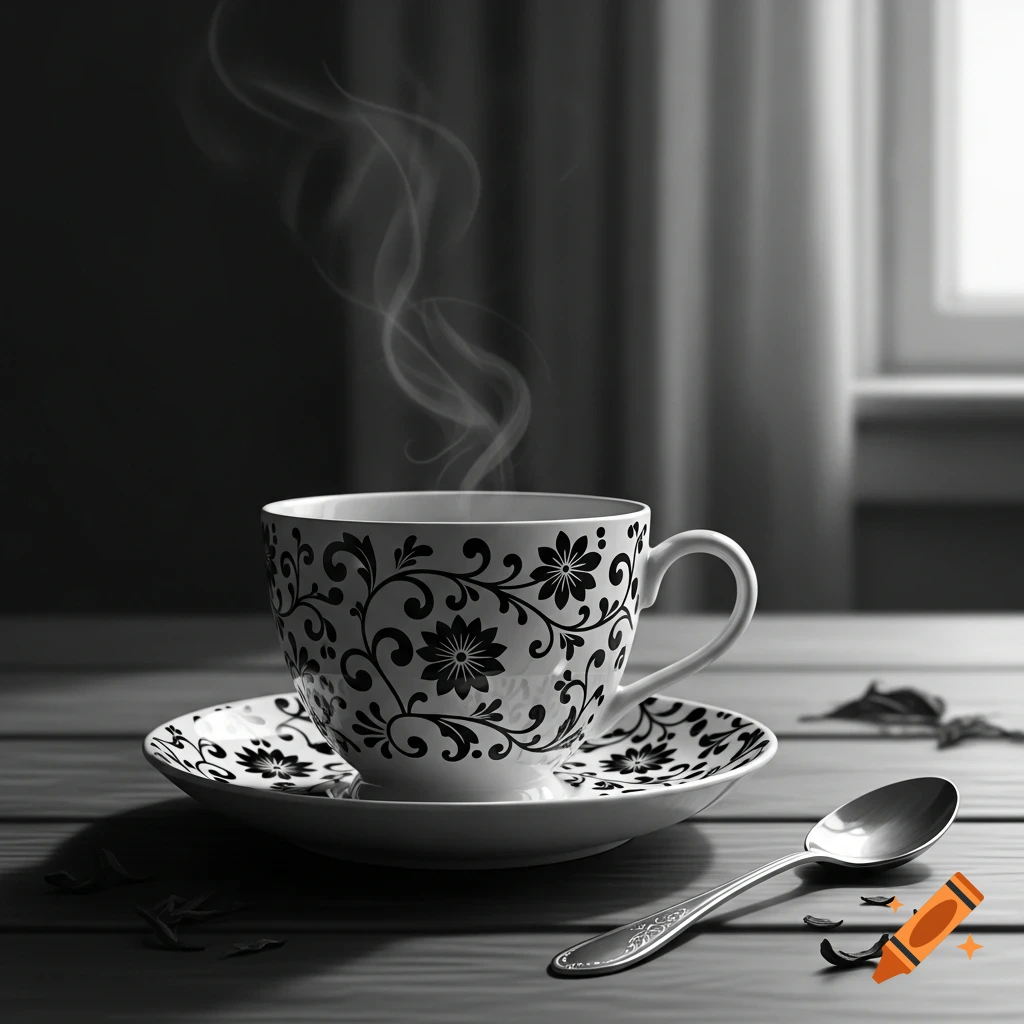 Monochrome close-up of a steaming teacup with a black floral pattern on a saucer, next to a spoon on a wooden table.