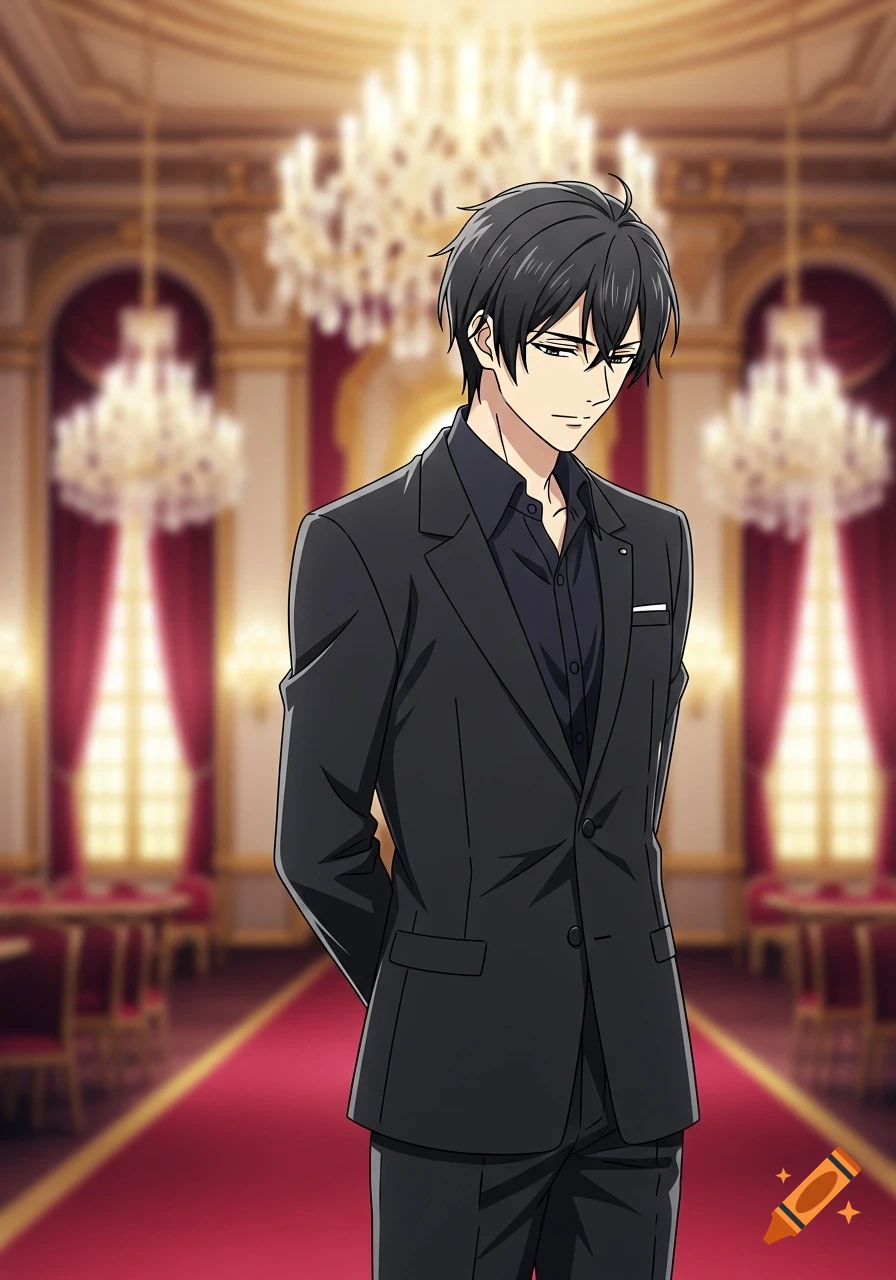 An anime boy with black hair stands in a fancy ballroom, wearing a black suit with hands behind his back.