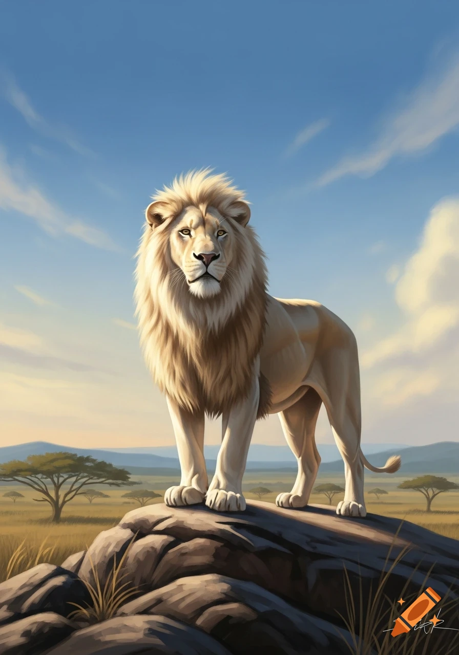 A majestic white lion stands on a rock in a savanna landscape with acacia trees under a blue sky, in an illustrative style.