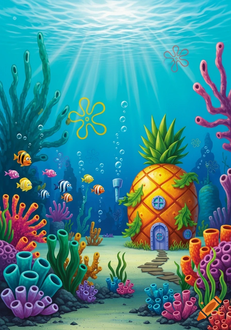 Vibrant cartoon underwater scene with a pineapple house, colorful coral reefs, fish, and light rays shining through the water.