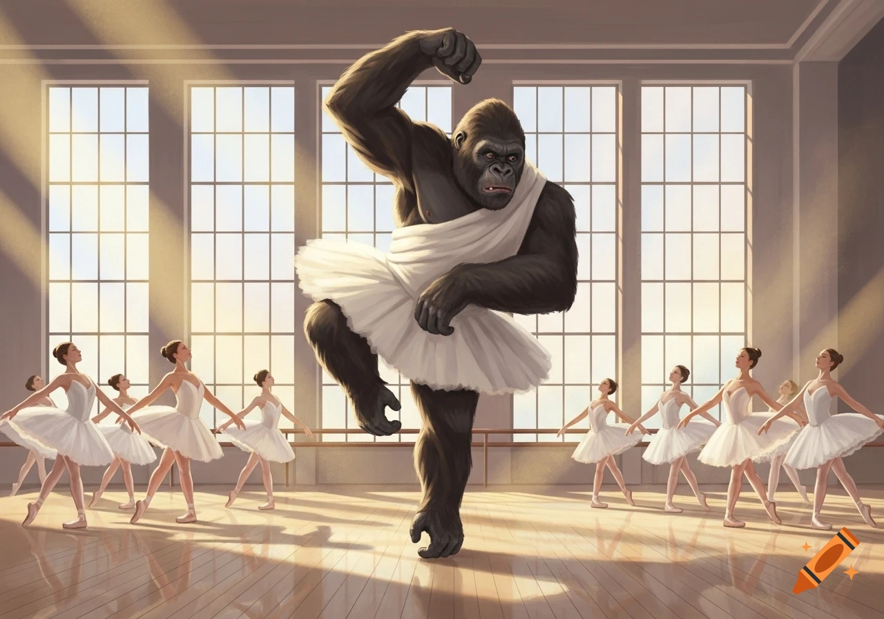 A large gorilla in a white tutu poses on one leg in a ballet studio, surrounded by human ballerinas.