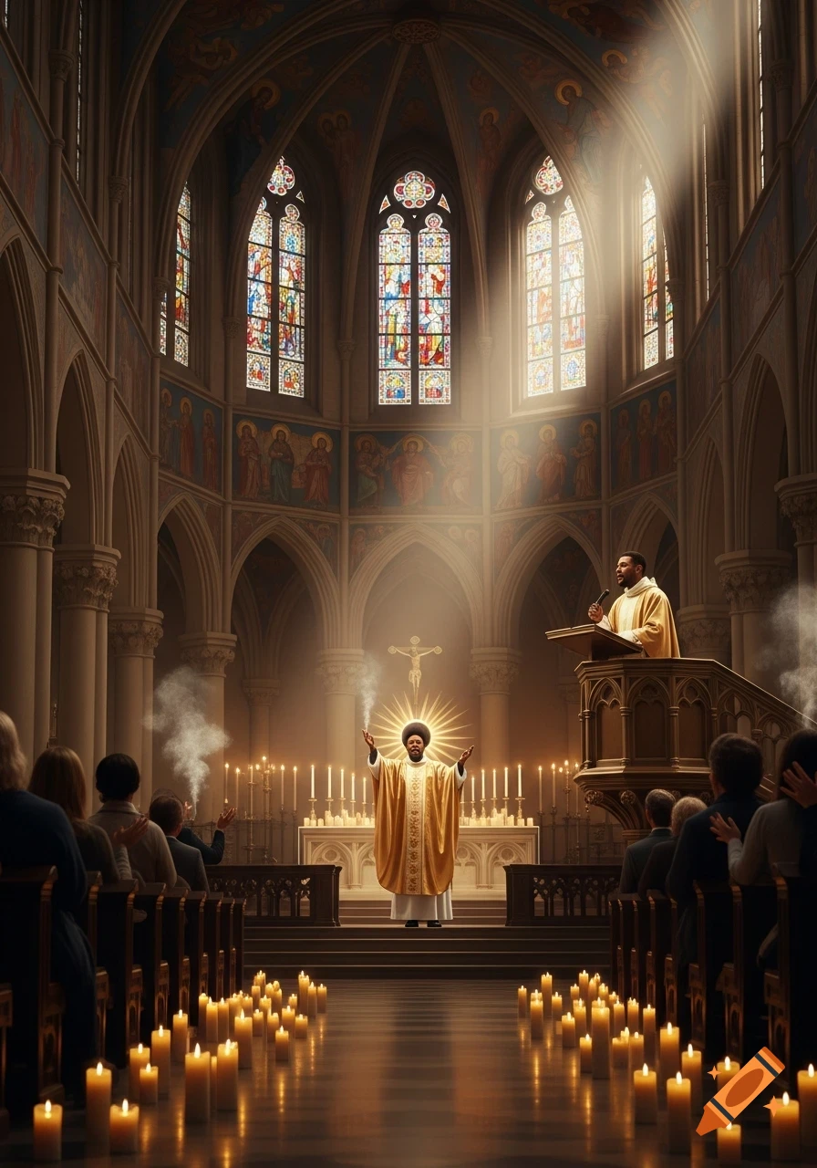A grand church interior with sunbeams, stained glass, and numerous lit candles. Two priests conduct a religious ceremony for a congregation.