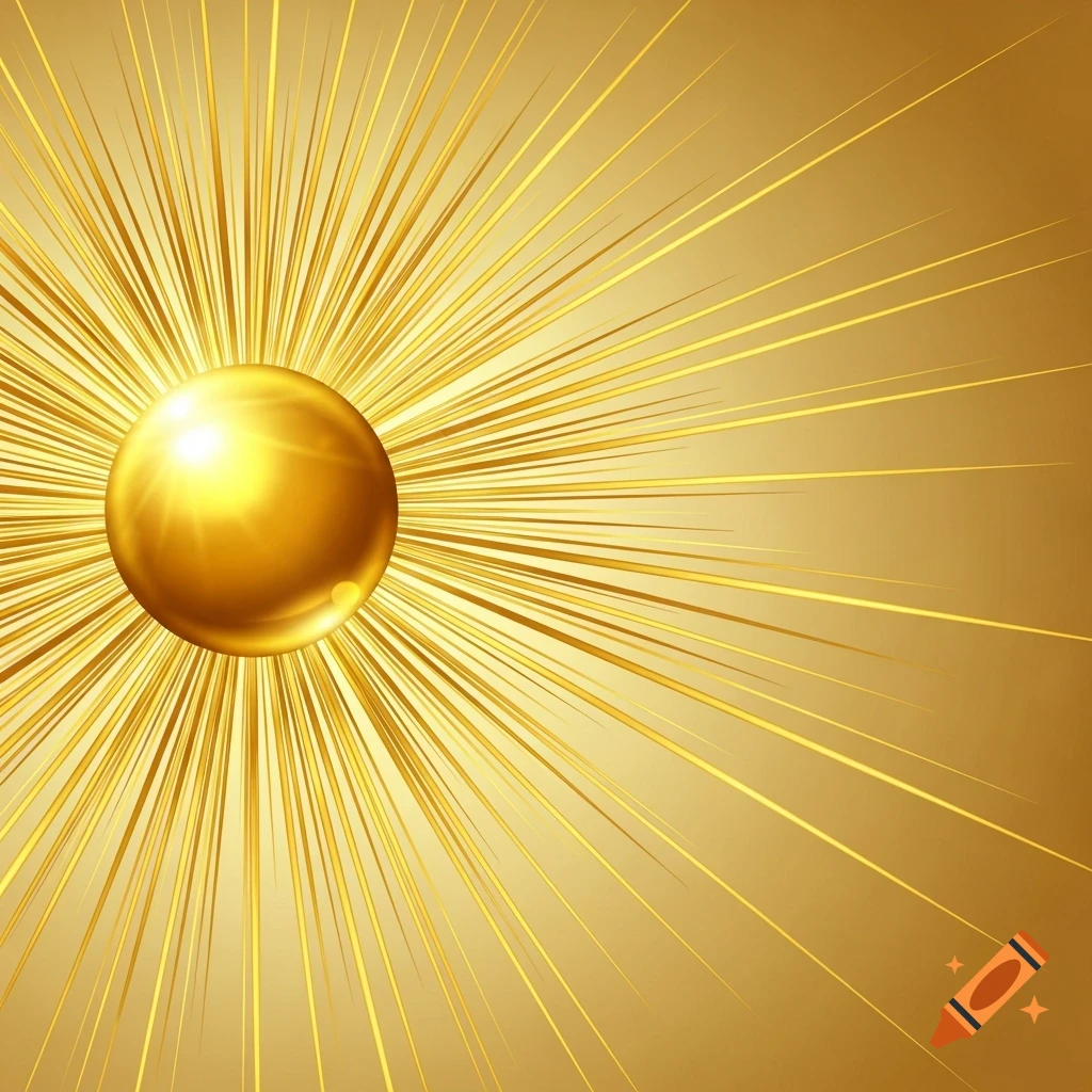 A shiny golden sphere with thousands of radiating golden rays on a light golden background, positioned top-left.