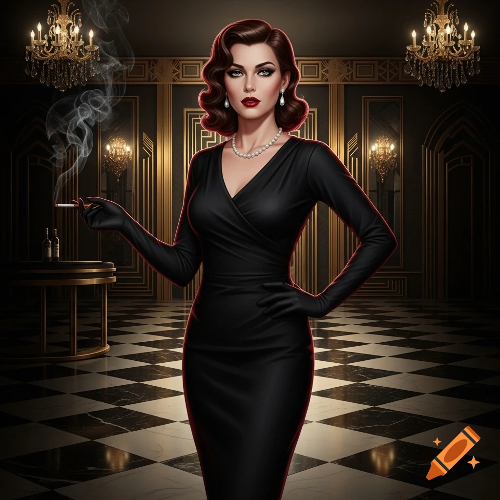 An elegant woman in a black dress and gloves stands in a luxurious art deco room, holding a lit cigarette.