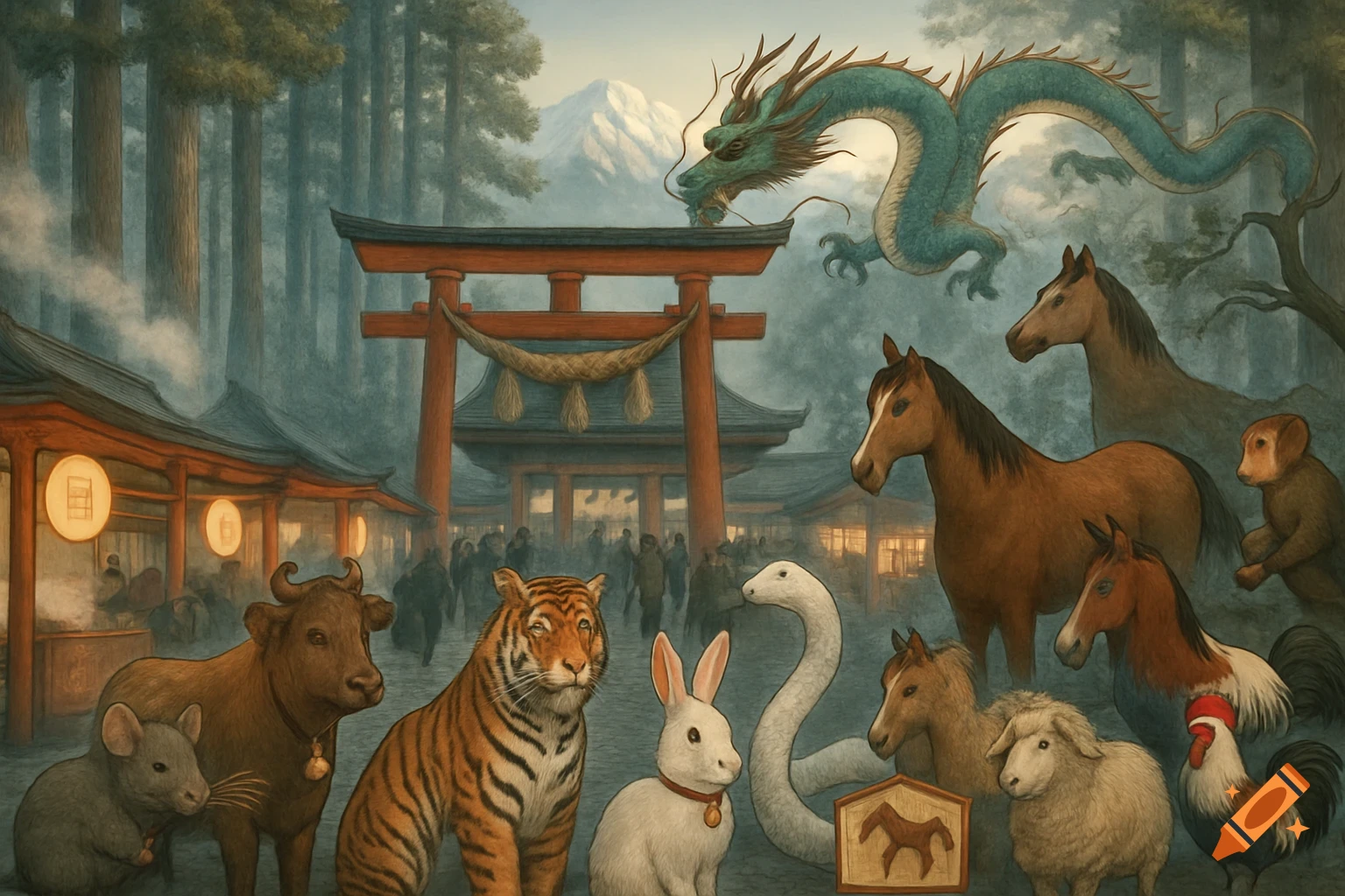 Illustration of the twelve Chinese zodiac animals gathered around a traditional Japanese shrine with a torii gate, cedar trees, and snow-capped mountains.
