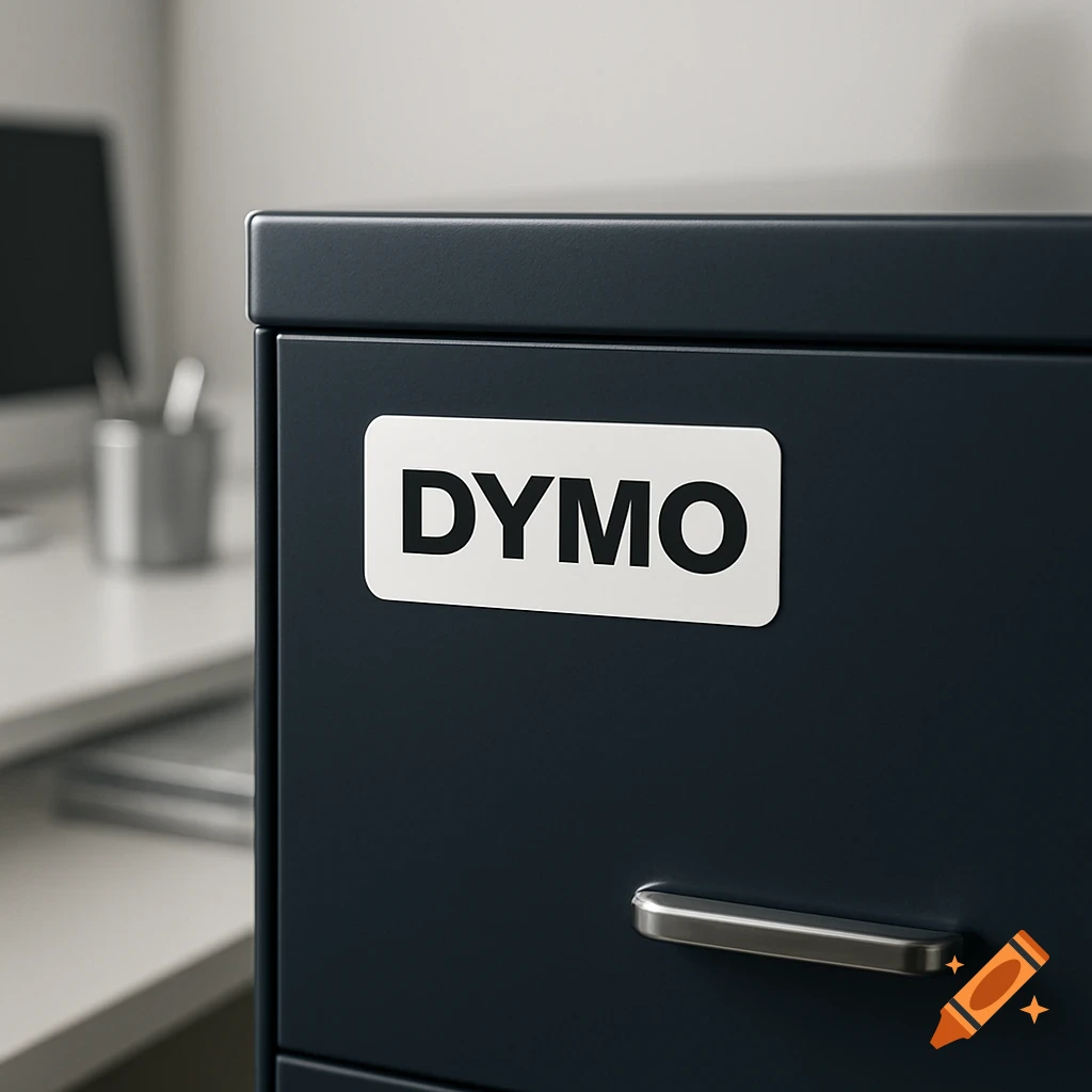 A close-up shot of a dark grey filing cabinet with a white label reading DYMO on its front, in an office setting.