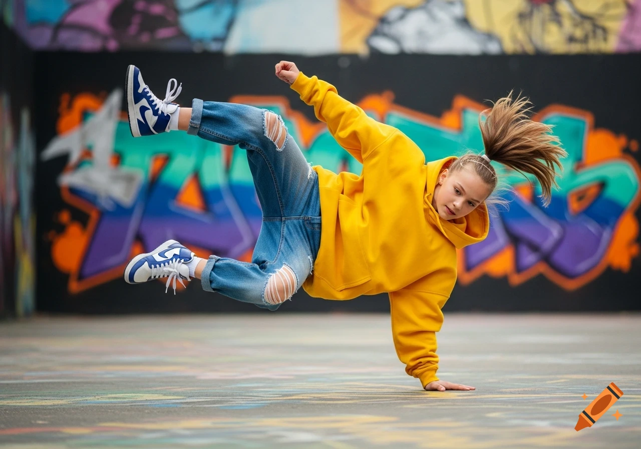 A young girl in a yellow hoodie and ripped jeans breakdances on a colorful street in front of a graffiti wall.