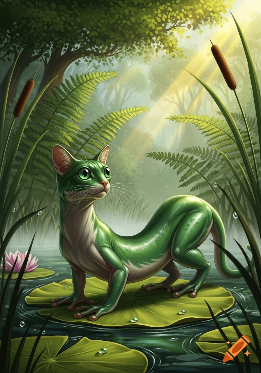 A green cat-frog hybrid with large eyes stands on a lily pad in a lush, sun-dappled pond with ferns and cattails, in an illustration.