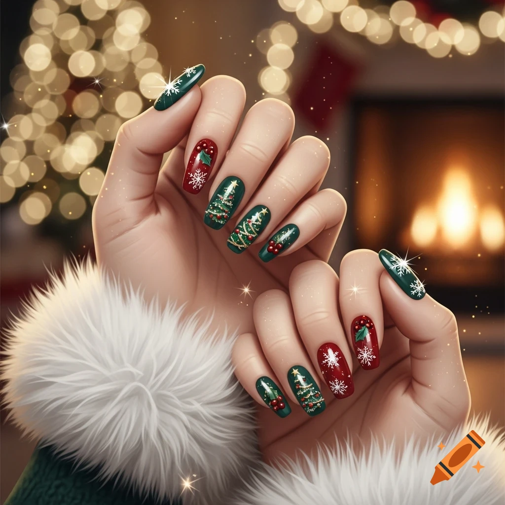 Close-up of hands with festive Christmas-themed nail art, featuring snowflakes, Christmas trees, and holly berries, against a blurred background with warm bokeh lights.
