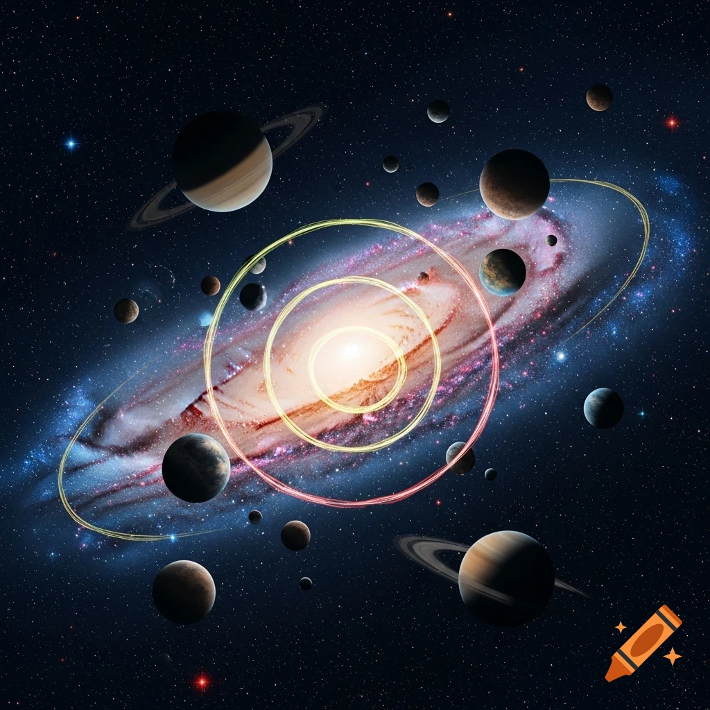 A vibrant spiral galaxy with glowing rings, surrounded by numerous planets of various sizes and colors, in a detailed deep space setting.