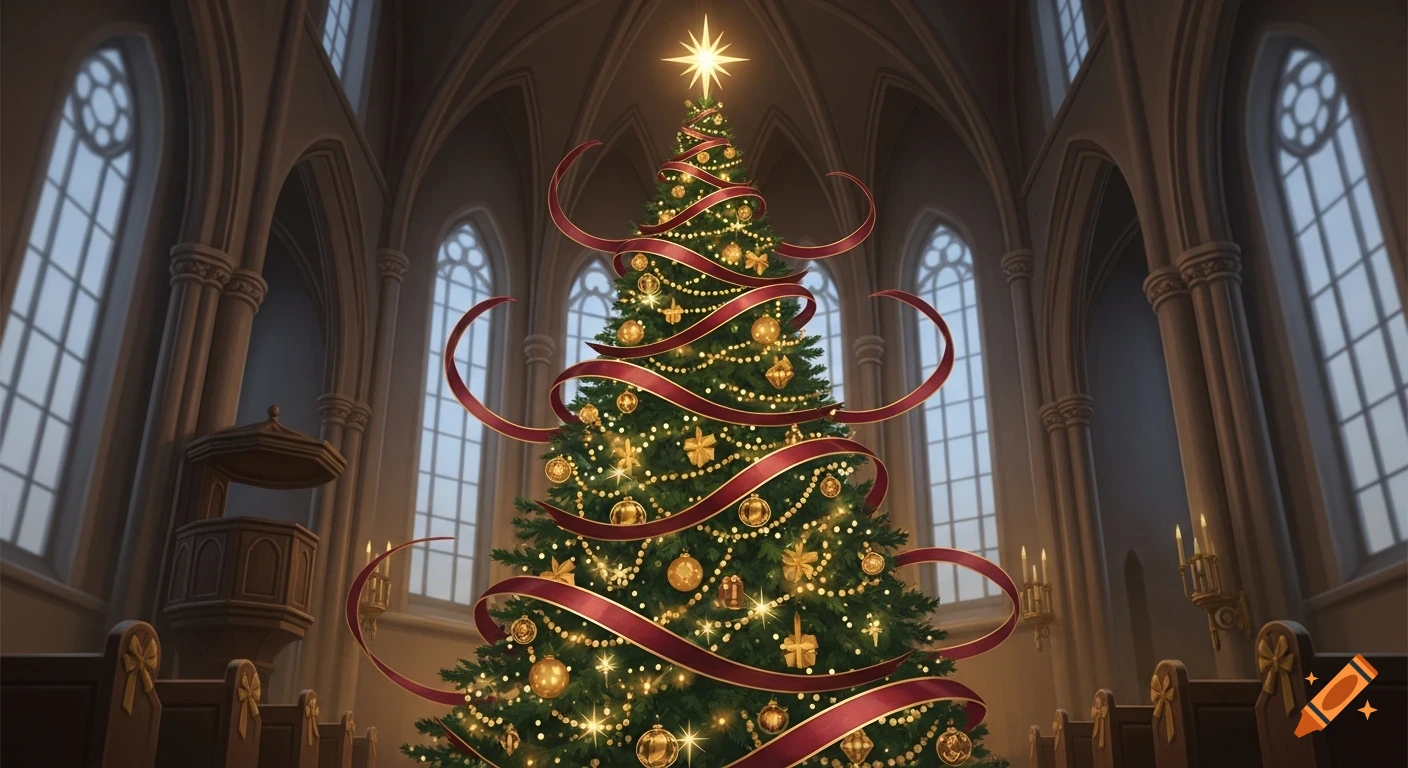 A beautifully decorated Christmas tree with lights, gold ornaments, and red ribbons inside a grand church with gothic windows.