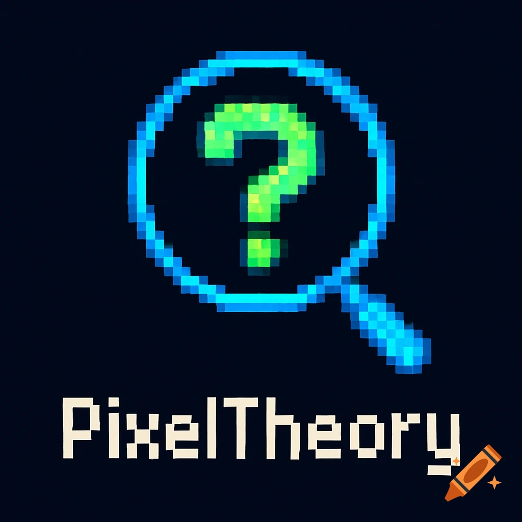 A pixel art logo featuring a blue magnifying glass over a green question mark, with "PixelTheory" written below, on a dark navy background.