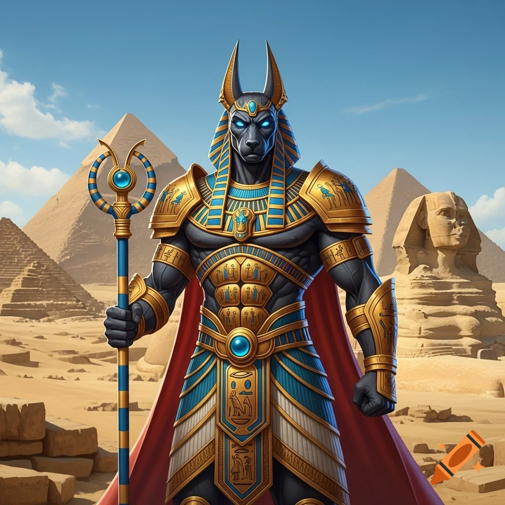 A powerful, muscular Anubis in gold and blue armor, with glowing blue eyes and a staff, stands before the pyramids and Sphinx under a blue sky.