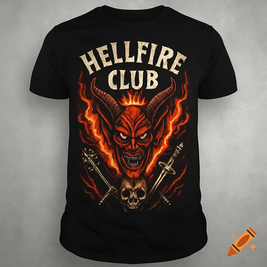 Black t-shirt with a red horned devil face, skull, and crossed weapons, engulfed in flames, above text 'HELLFIRE CLUB'.