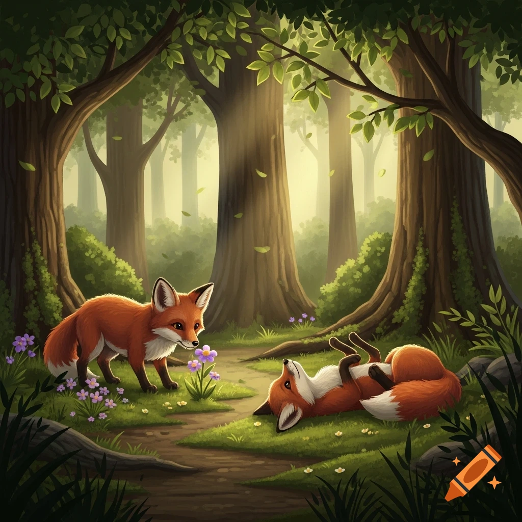 Two cartoon-style foxes in a sunny forest clearing. One stands sniffing a purple flower, while the other lies on its back, playing.