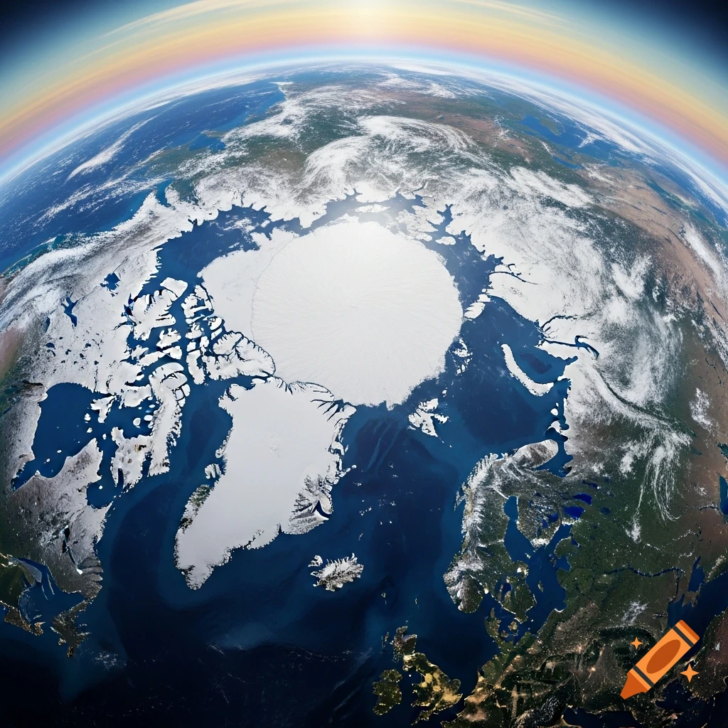 A high-angle, satellite-like view of Earth centered on the North Pole, showing the Arctic ice cap, continents, and oceans.