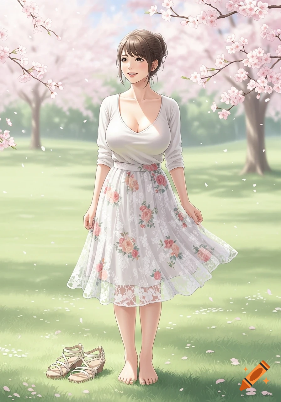 Anime art of a smiling Japanese woman in a white floral skirt and v-neck top, standing barefoot in a cherry blossom park with sandals.