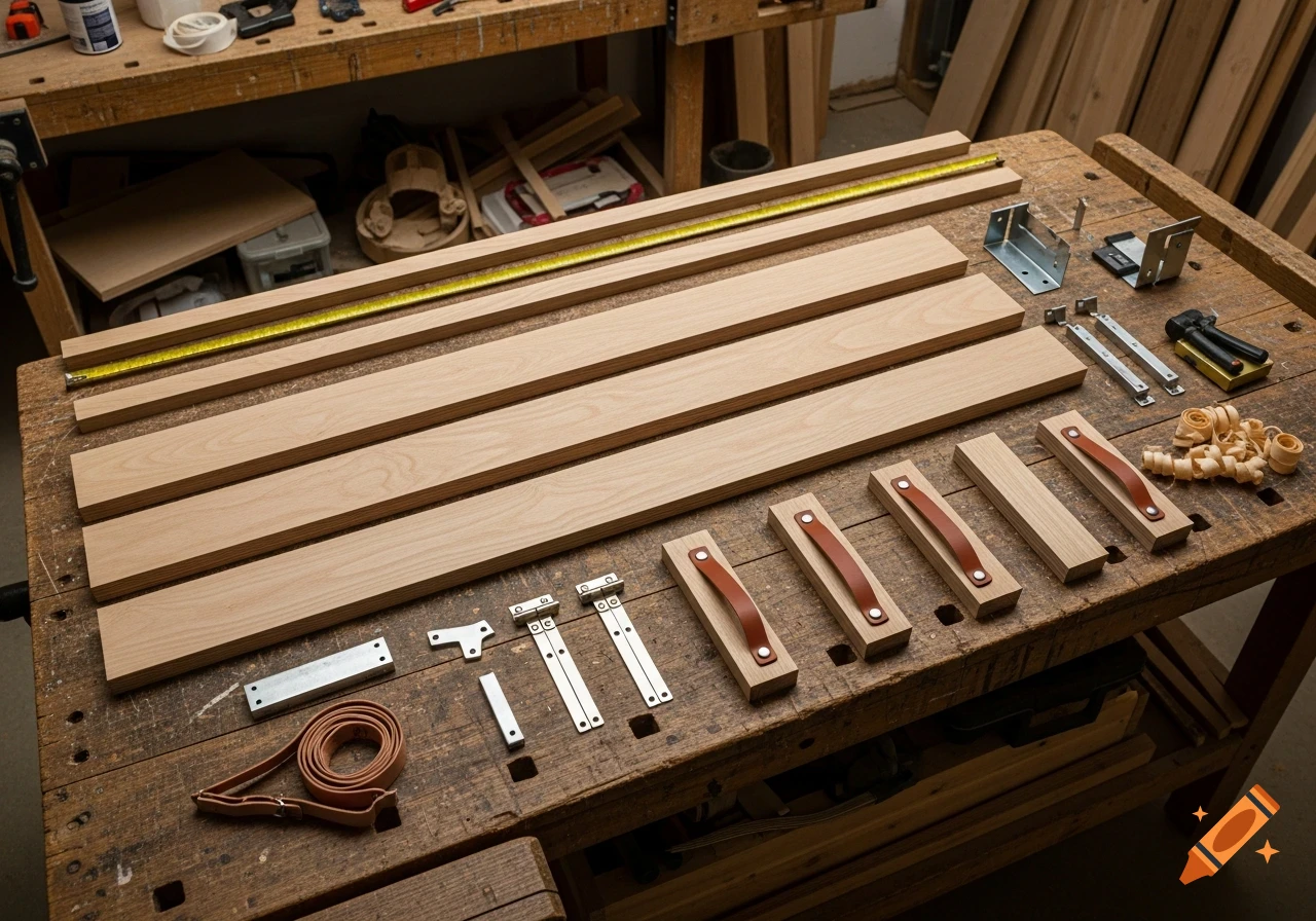 Overhead view of woodworking project parts, including long wooden boards, blocks with leather handles, metal brackets, hinges, and a measuring tape on a workbench.