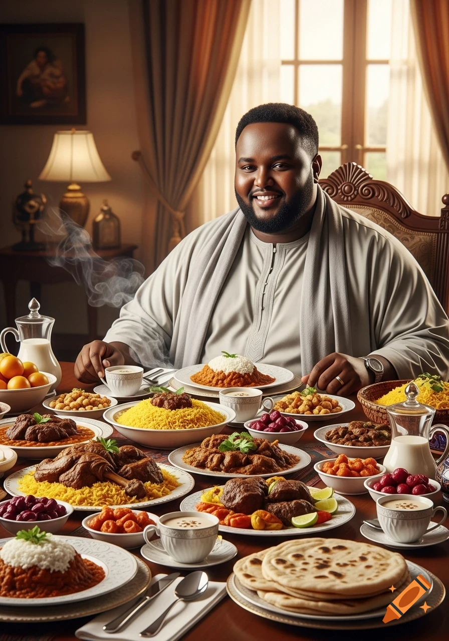 A smiling man sits at a dining table laden with Somali cuisine and cups of tea.