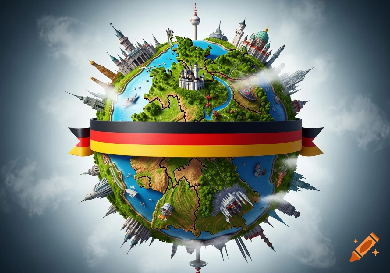 A stylized globe representing Germany, adorned with miniature famous German landmarks and a German flag ribbon around its equator.