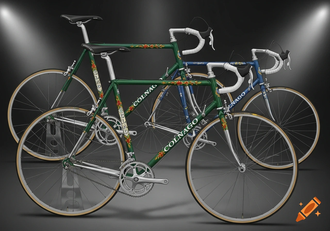 Three vintage-style road bikes with classic green and blue frames adorned with red clover motifs, set against a dark background.