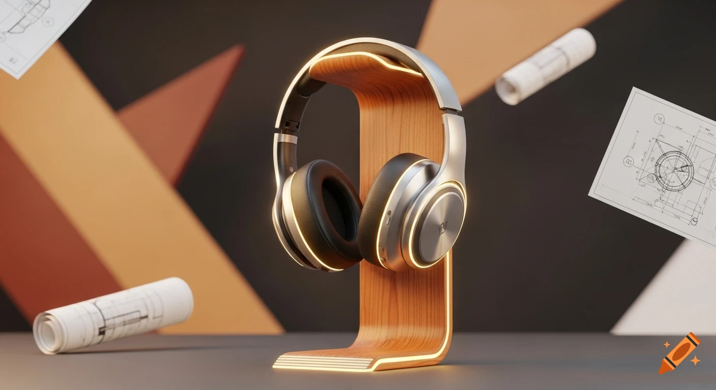 Stylish headphones on a wooden stand with glowing accents, surrounded by technical blueprints and geometric shapes.