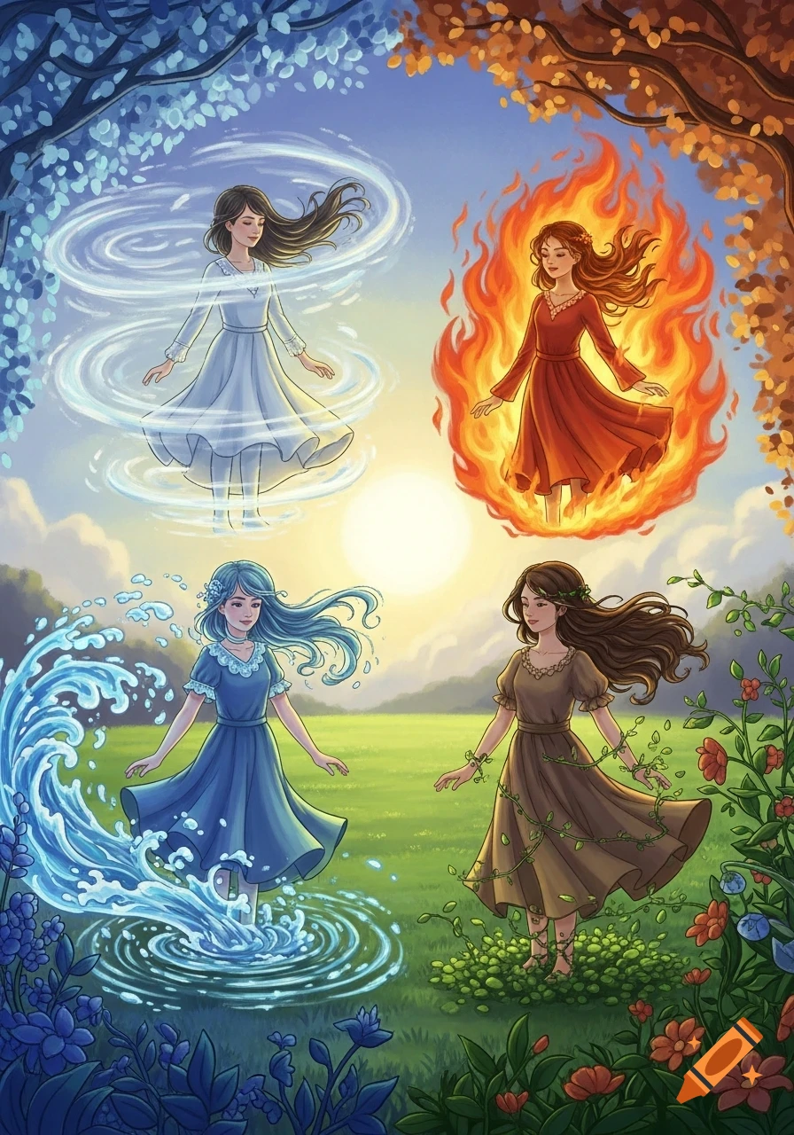Four stylized girls representing air, fire, water, and earth elements stand in a vibrant, illustrated landscape.