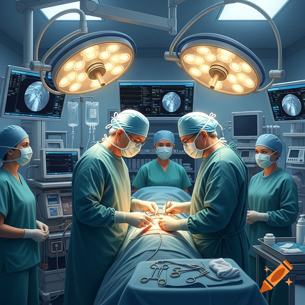 Five surgeons and nurses performing surgery in a brightly lit operating room with medical equipment and monitors.