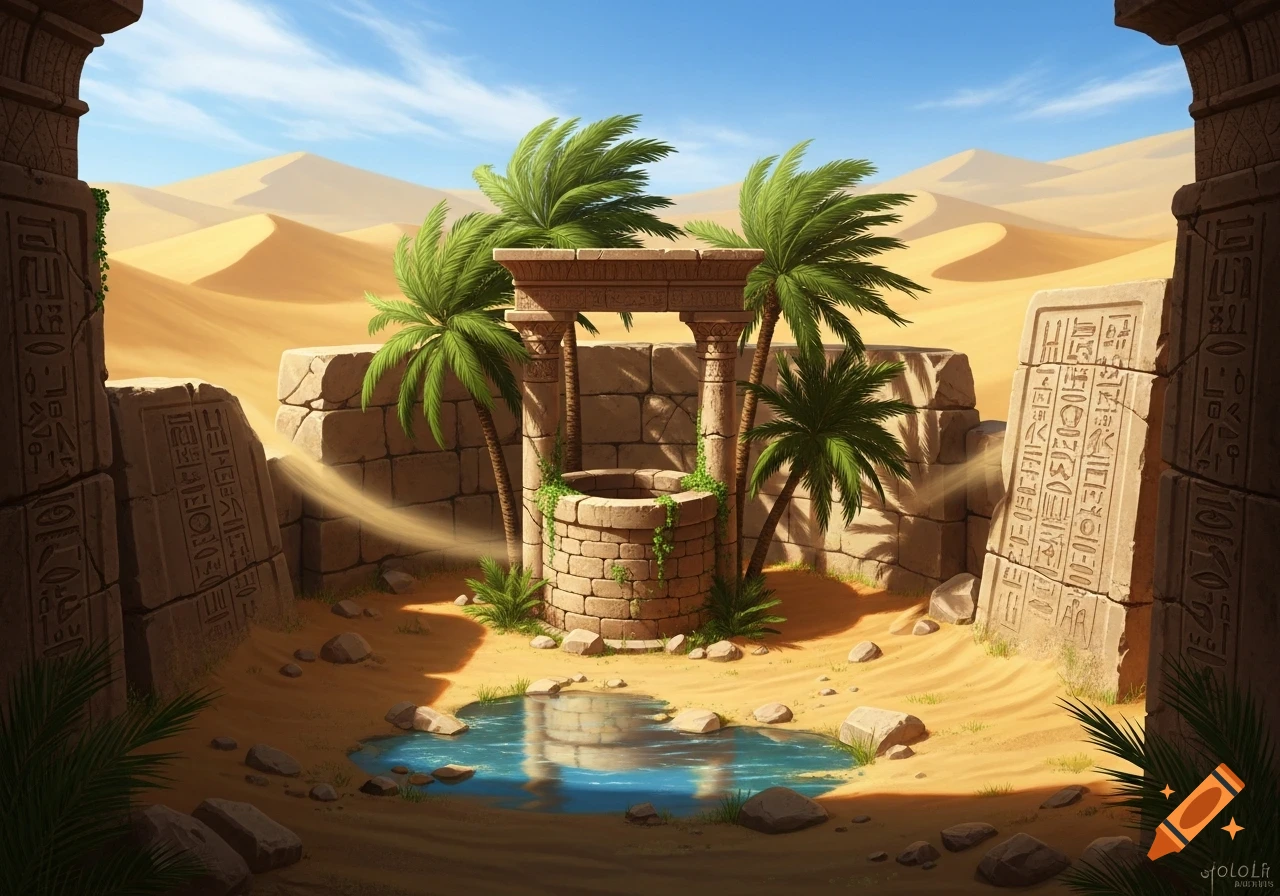 A serene desert oasis scene with palm trees surrounding a stone well and a small pool of water, framed by ancient ruins with hieroglyphics under a clear blue sky.