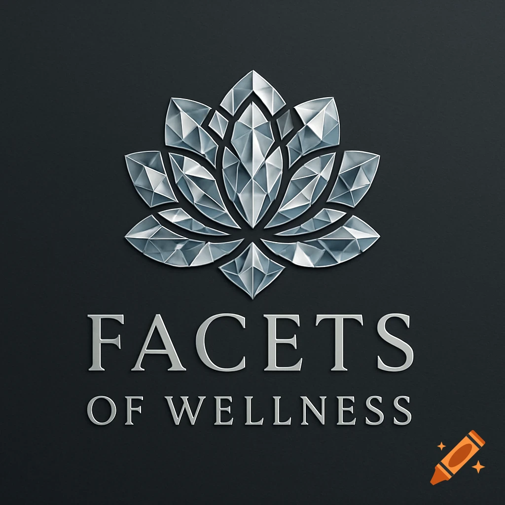 Silver geometric diamond-faceted lotus flower logo above 'FACETS OF WELLNESS' text on a dark gray background.