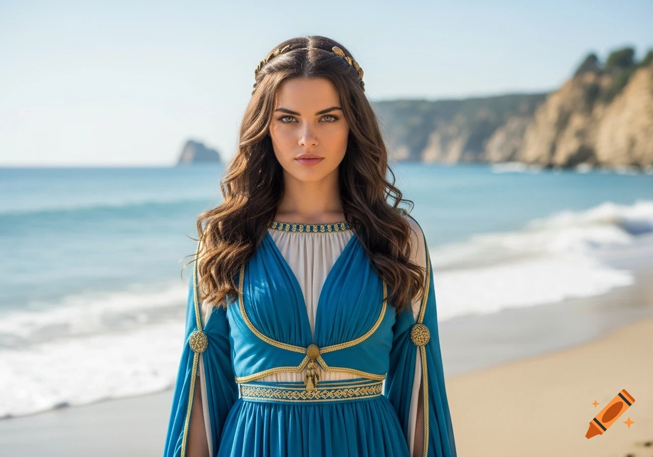 Realistic photo of a young woman with long brunette hair and green eyes, wearing a blue and gold Ancient Greek dress on a beach.