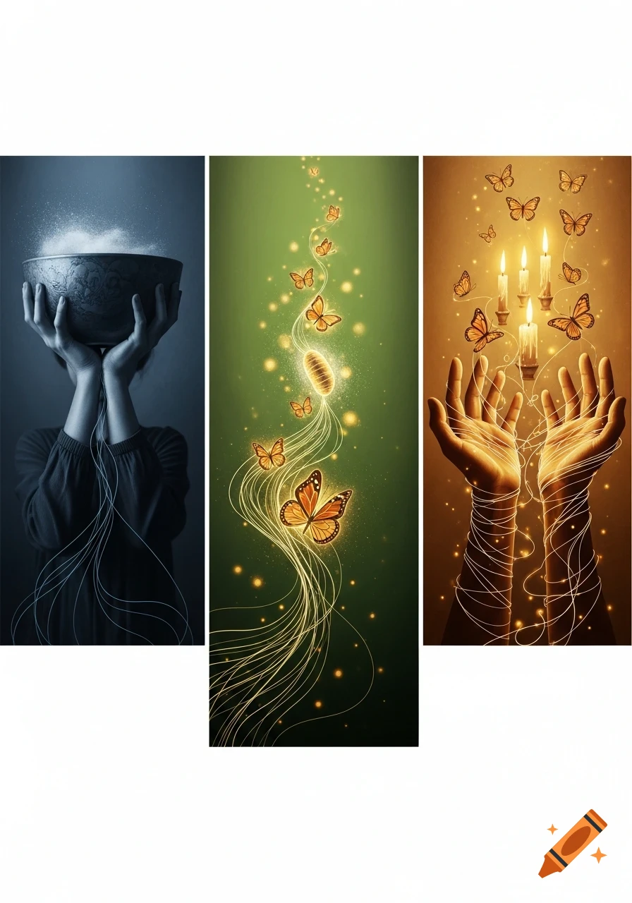 A triptych: a person holding a bowl, glowing butterflies and a cocoon with light trails, and hands reaching up with candles and butterflies.