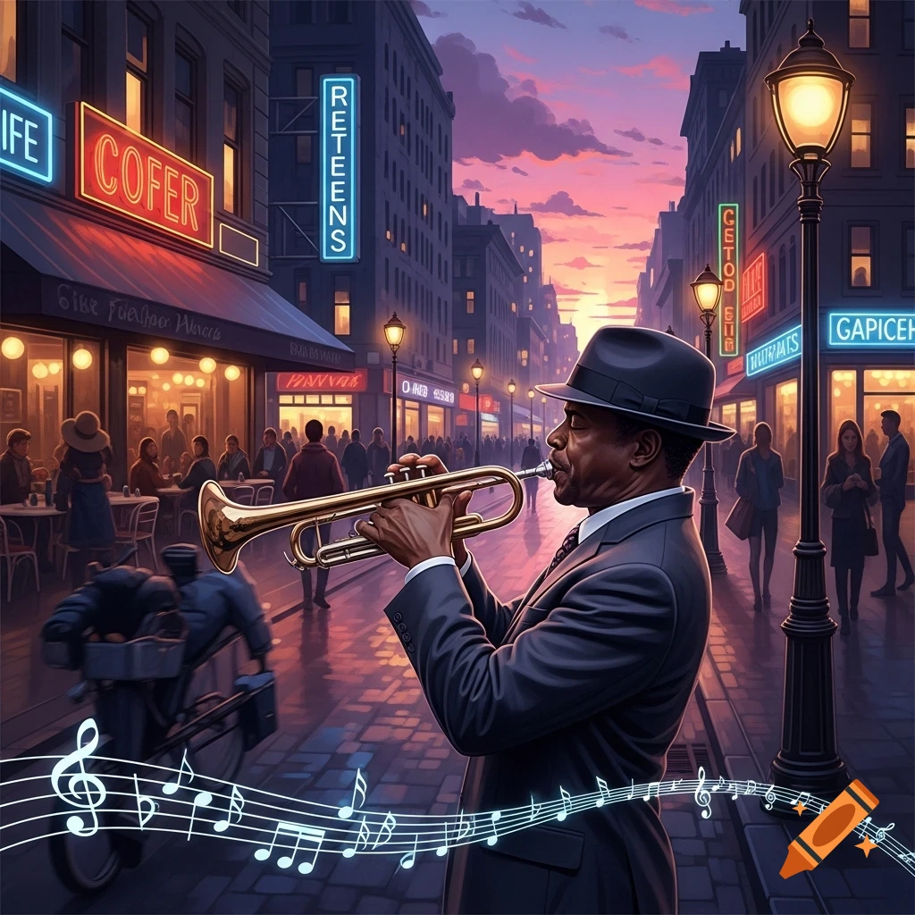 A man in a suit and fedora plays a trumpet on a bustling city street at sunset, with musical notes floating.