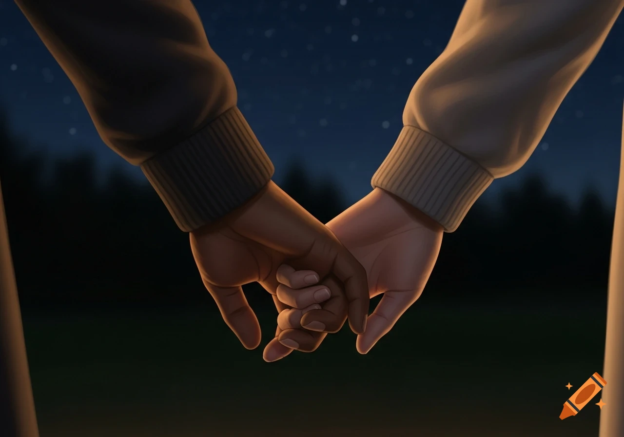Illustrative close-up of two people with different skin tones holding hands at night under a starry sky.