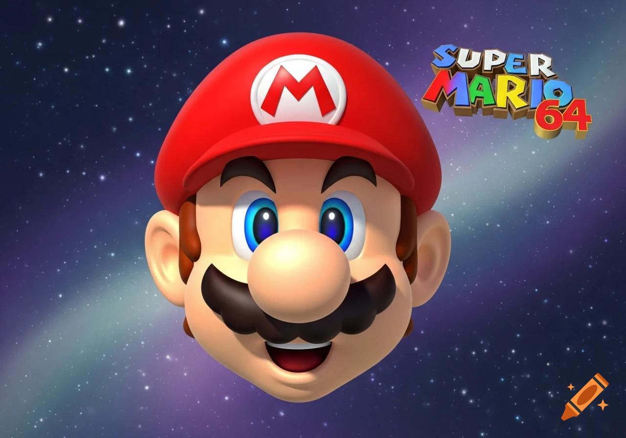 The 3D rendered head of Mario in his red hat, with the colorful 'SUPER MARIO 64' logo, against a starry space background.