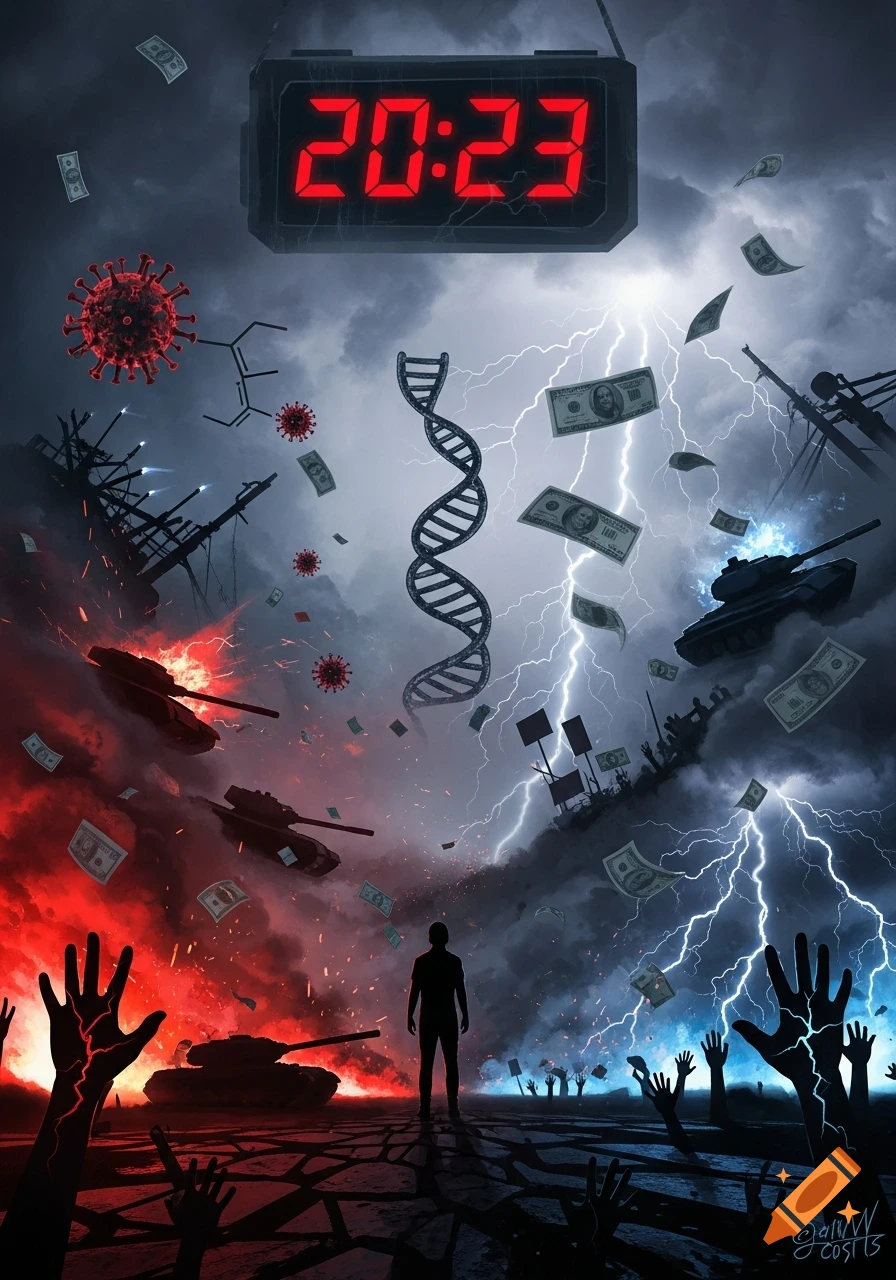 A conceptual illustration of a person in a cracked wasteland, split between a fiery red war zone with virus particles and a stormy blue side with protests, money, and lightning, under a '20:23' clock and a DNA helix.