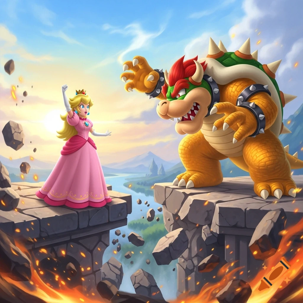 Princess Peach confronts Bowser across a fiery chasm on crumbling platforms under a bright sky, in a vibrant cartoon style.