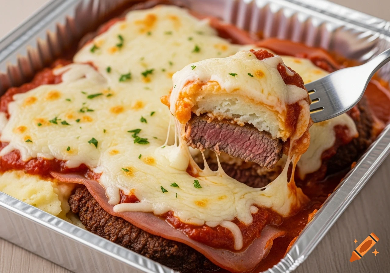 A fork lifts a piece of filet mignon parmigiana from an aluminum foil container, revealing layers of steak, mashed potatoes, ham, tomato sauce, and stretching melted mozzarella cheese. Photorealistic.