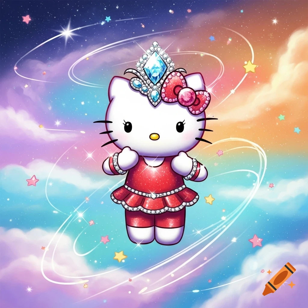 Hello Kitty as a princess in a sparkling red dress and diamond tiara, floating in a magical, colorful, star-filled sky with clouds.