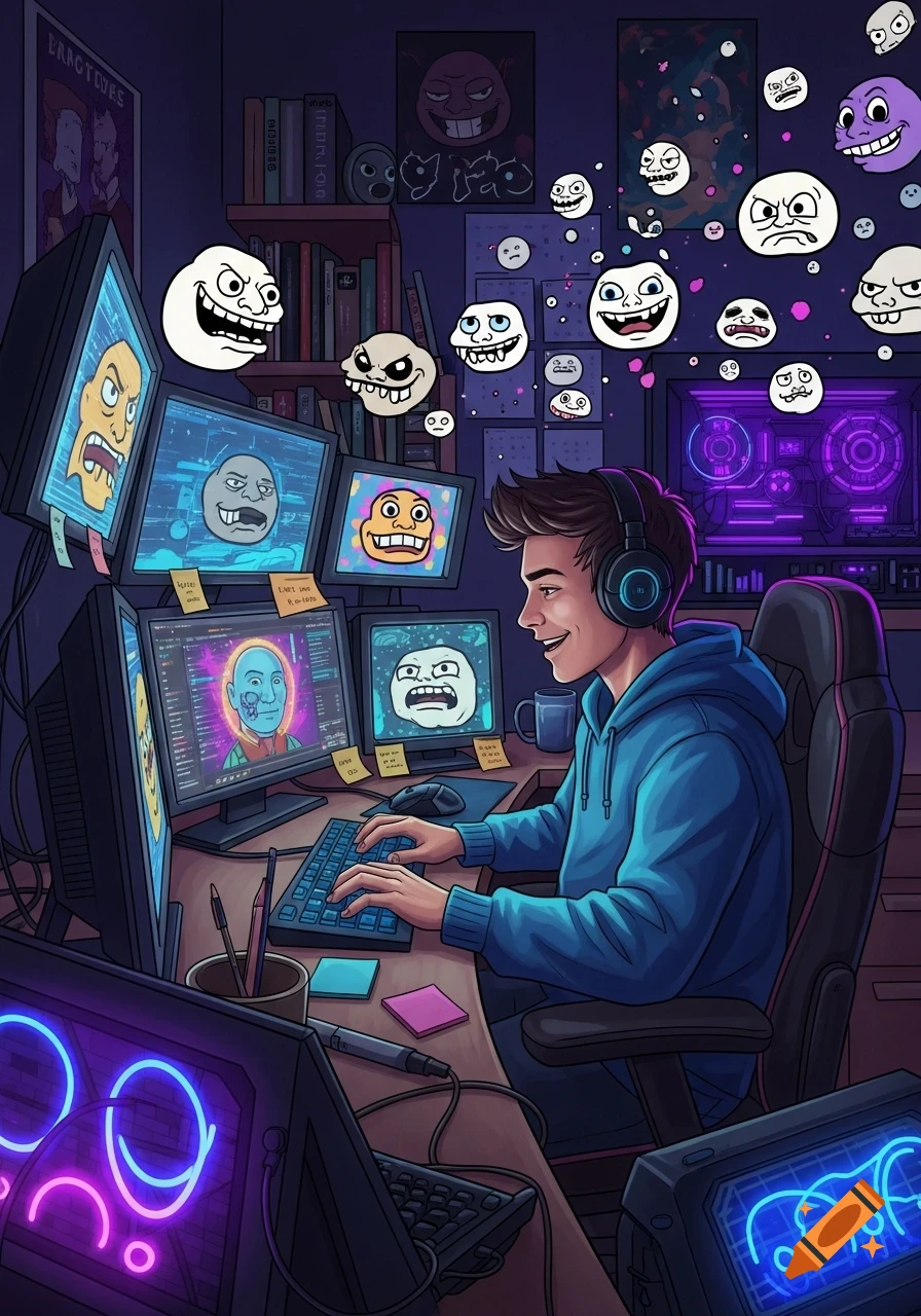 A young man wearing headphones smiles while typing at a multi-monitor computer setup in a dark room filled with floating meme faces.
